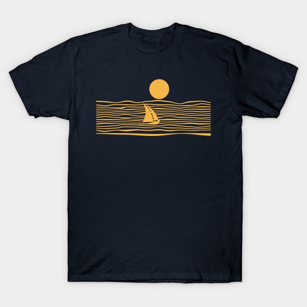 Sailing Boat Sea Night Full Moon Orange T-Shirt by oknoki